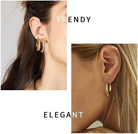 Yesteel 9 Pairs Gold Hoop Earrings For Women 925 Sterling Silver Post 14K Real Gold Plated Chunky Hoop Earrings Set For Women Hypoallergenic Thick Lightweight Earring For Womens Jewelry Gifts