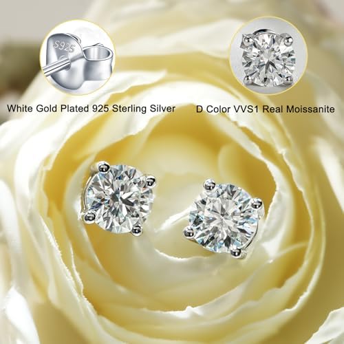 YODEWA 1/2/3ct Moissanite Stud Earrings For Women 925 Sterling Silver Hypoallergenic Flat Back 1 Pair DEF Color Lab Created Brilliant Round Moissanite Earrings