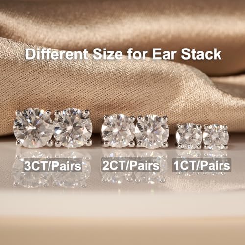 YODEWA 1/2/3ct Moissanite Stud Earrings For Women 925 Sterling Silver Hypoallergenic Flat Back 1 Pair DEF Color Lab Created Brilliant Round Moissanite Earrings