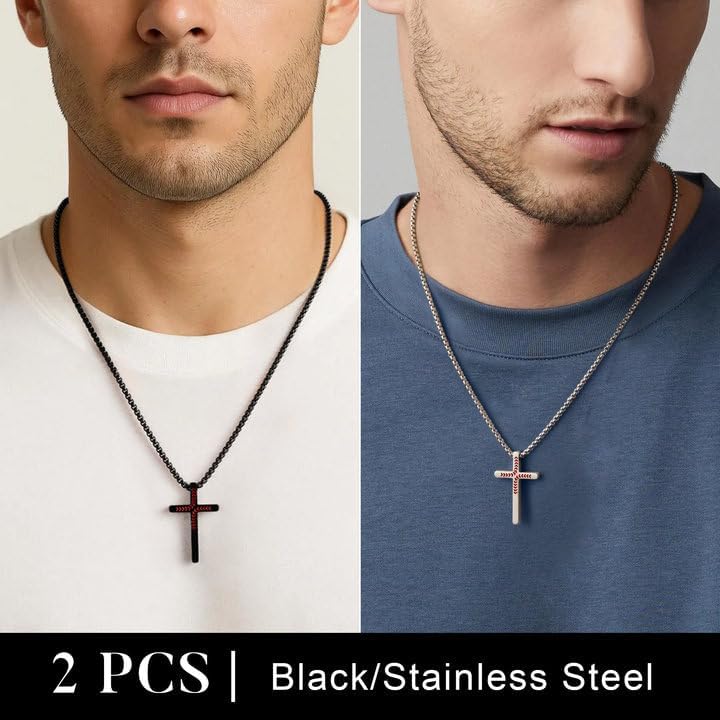 Yoosteel Baseball Cross Necklace For Boys Men - 2 Pcs Stainless Steel Bible Verse Cross Pendant Necklaces Black Silver Chain 18-24 Inch Religious Gifts For Teen Boy