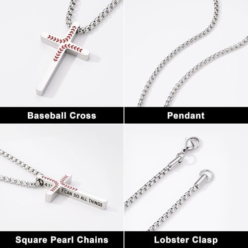 Yoosteel Baseball Cross Necklace For Boys Men - 2 Pcs Stainless Steel Bible Verse Cross Pendant Necklaces Black Silver Chain 18-24 Inch Religious Gifts For Teen Boy