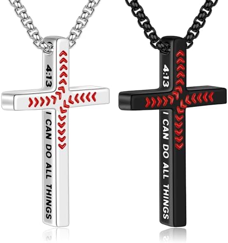 Yoosteel Baseball Cross Necklace for Boys Men - 2 Pcs Stainless Steel Bible Verse Cross Pendant Necklaces Black Silver Chain 18-24 inch Religious Gifts for Teen Boy