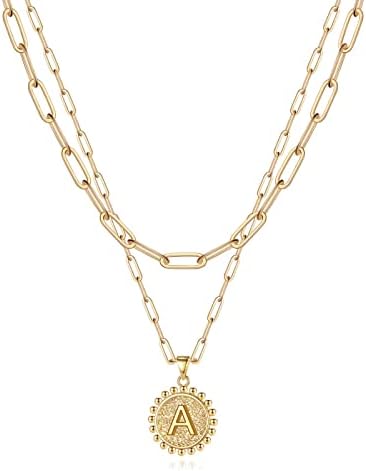Yoosteel Gold Initial Necklaces for Women 14K Gold Plated Dainty Layering Paperclip Link Chain Necklace Coin Initial Layered Necklaces for Women Personalized Birthday Gifts