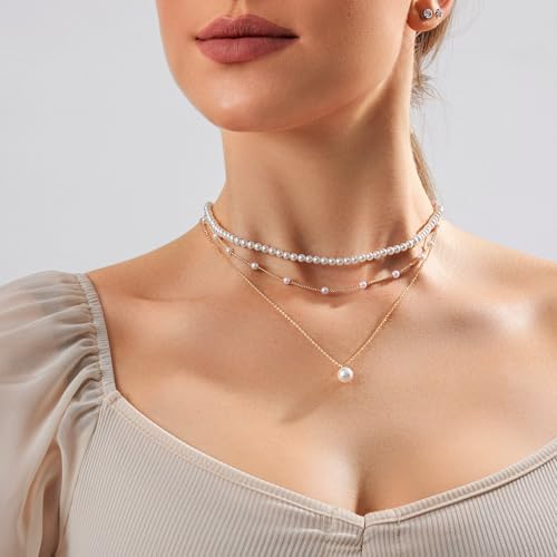 Zeffy Gold Pearl Necklace For Women Dainty 14K Gold/Silve Plated Layered Pearl Choker Pearl Earrings Pearl Bracelets Wedding Trendy Gold Jewelry Set For Women Gifts