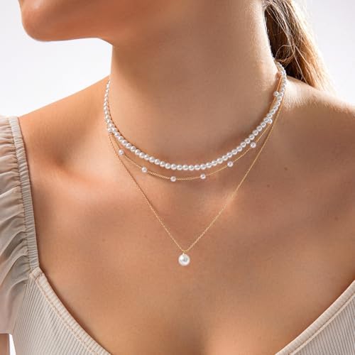 Zeffy Gold Pearl Necklace For Women Dainty 14K Gold/Silve Plated Layered Pearl Choker Pearl Earrings Pearl Bracelets Wedding Trendy Gold Jewelry Set For Women Gifts