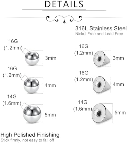 Zolure Fake Piercing Fake Eyebrow Ring Fake Lip Labret Studs Replacement Balls Spike With 100pcs Sticker Non-Piercing Body Jewelry