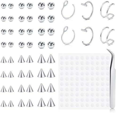 Zolure Fake Piercing Fake Eyebrow Ring Fake Lip Labret Studs Replacement Balls Spike with 100pcs Sticker Non-Piercing Body Jewelry