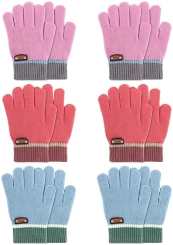 6 Pairs of Kids Gloves Knitted Wool Gloves Children Full Fingers Stretchy Warm Mittens for Boys Girls