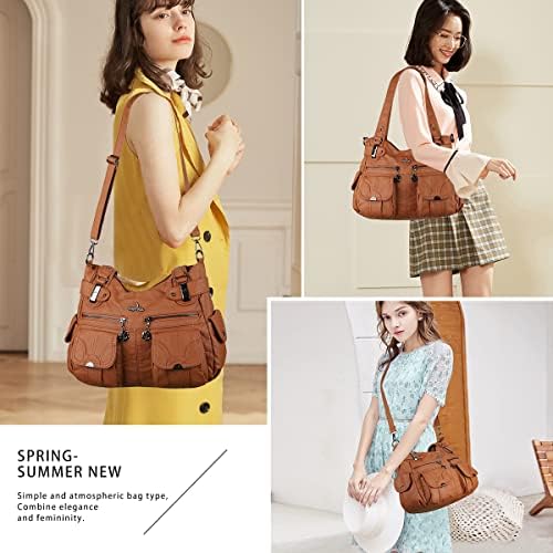 Angel Kiss Women's Designer Handbag Large Double Zipper Multi Pocket Washed Leather Purse