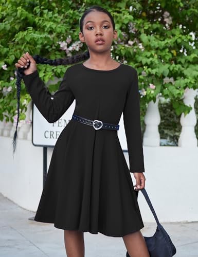 Arshiner Girls Long Sleeve Stretchy Dress A Line Twirly Skater School Party Dress
