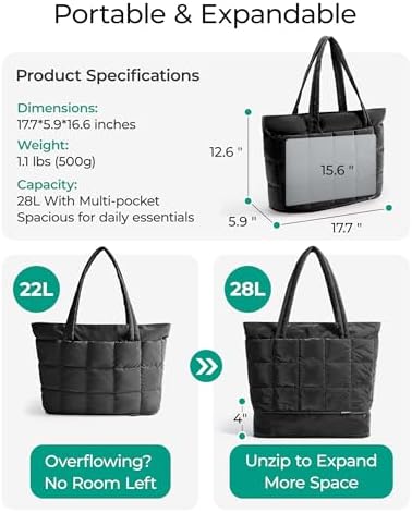 BAGSMART Expandable Tote Bag For Women Puffer Work Tote Handbag Quilted Carry-On Travel Gym Bag