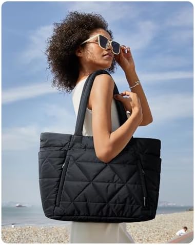 BAGSMART Tote Bag For Women Puffy Tote Bag With Zipper Large Quilted Shoulder Bag With Compartments For Travel Work Gym