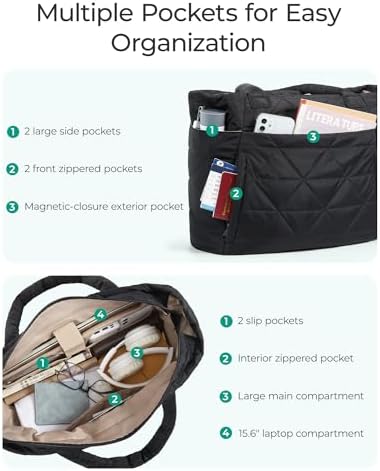 BAGSMART Tote Bag For Women Puffy Tote Bag With Zipper Large Quilted Shoulder Bag With Compartments For Travel Work Gym