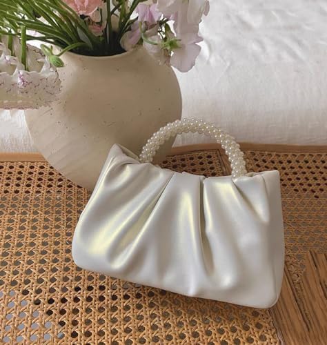 Beatfull Evening Purse Women Small Pearl Handbags Soft Leather Ruched Bag Wedding Bridal Clutch Party Prom Crossbody Purses