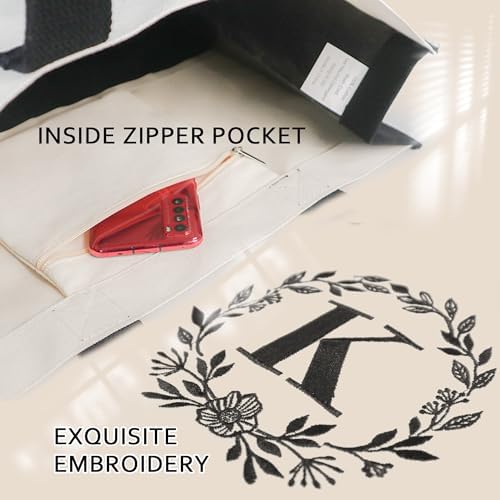 BeeGreen Embroidery Monogram Initial Tote Bag For Women Teacher Mom Friend Personalized Gift For Birthday Beach Wedding Work