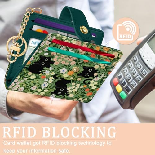 Black Cat Floral Rfid Women Wallet Small Slim Thin Credit Card Wallet PU Leather Bifold Cash Zipper Coin Pocket ID Window For Female Ladies Teen Girls Girly