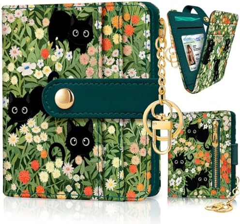 Black Cat Floral Rfid Women Wallet Small Slim Thin Credit Card Wallet PU Leather Bifold Cash Zipper Coin Pocket ID Window for Female Ladies Teen Girls Girly