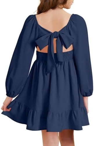 Blibean Girls Long Sleeve Tie Back Dress Tween Fall Off Shoulder Dress Size 6-15 Years