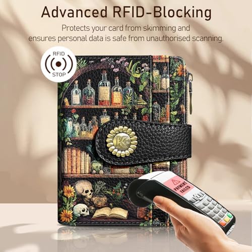 Bookshelves Skull Goth Gothic Small Rfid Women Wallet Bifold Zipper Coin Pocket PU Leather Compact Cash Credit Card Holder Travel Wallet Female Ladies Teen Girls 1 ID Window 10 Card Slots