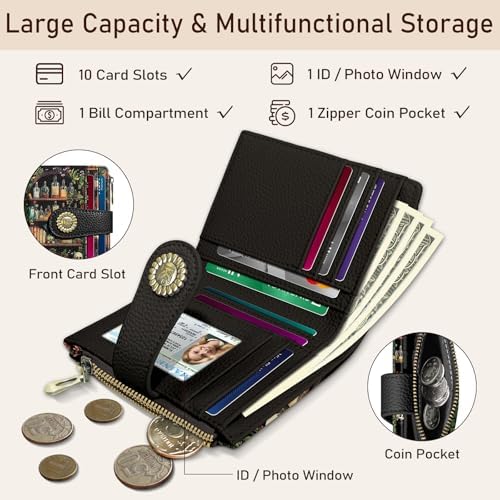Bookshelves Skull Goth Gothic Small Rfid Women Wallet Bifold Zipper Coin Pocket PU Leather Compact Cash Credit Card Holder Travel Wallet Female Ladies Teen Girls 1 ID Window 10 Card Slots