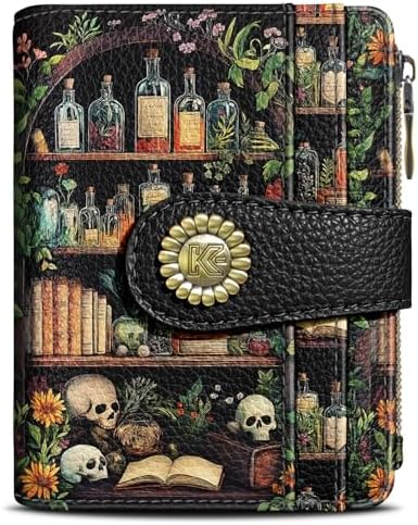 Bookshelves Skull Goth Gothic Small Rfid Women Wallet Bifold Zipper Coin Pocket PU Leather Compact Cash Credit Card Holder Travel Wallet Female Ladies Teen Girls 1 ID Window 10 Card Slots