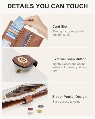 BOSTANTEN Slim Wallet Women Leather RFID Blocking Credit Card Holder Bifold Thin Wallet With Zipper Pocket Beige＆Brown