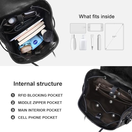 BOYATU Leather Backpack Purse For Women: Ladies Travel Fashion Back Pack - Genuine Leather Bag Designer Handbags For Work (Black)