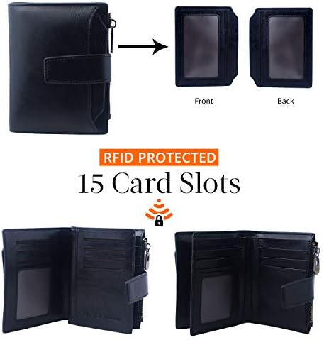 Bveyzi Women's Small Leather RFID Blocking Bifold Zipper Pocket Wallet Ladies Credit Card Slots Purse With Id Window