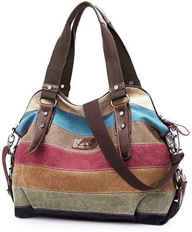 Canvas Handbag Multi-Color Striped Lattice Cross Body Shoulder Purse Bag Tote-Handbag for Women