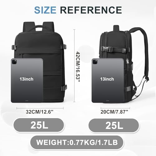 Coowoz Travel Backpack For Women Men Carry On Backpack Hiking Backpack Waterproof Outdoor Sports Rucksack Casual Daypack Travel Essentials（Black） 25L