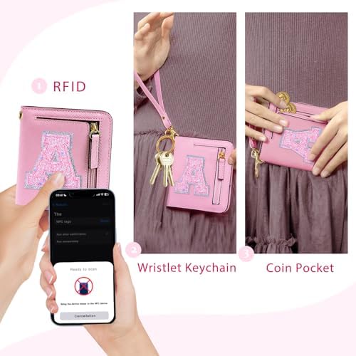 COSHAYSOO Initial RFID Girls Wallet Wristlet Christmas Stocking Stuffers Birthday Gift Ideas For 6 7 8 9 10 11 12 13 14 Year Old Girl Girly Gifts Tween Preteen Teen Preppy Trendy Stuff Pink Letter A