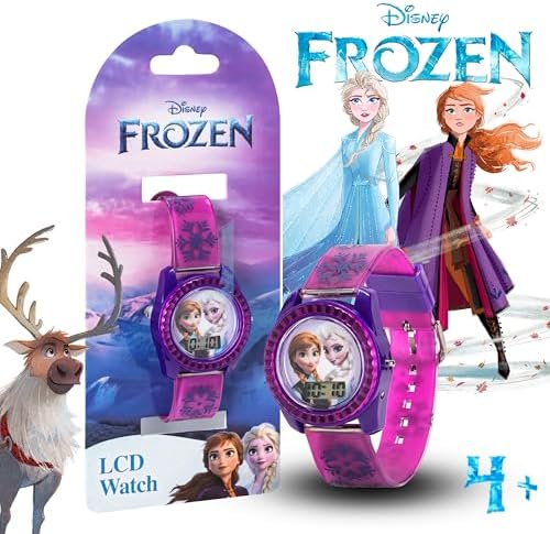 Disney Frozen Kids Digital Watch – Anna & Elsa LCD Timepiece Purple Printed Strap Easy-Read Display Lightweight & Comfortable – Fits Wrists 5.5" To 8"