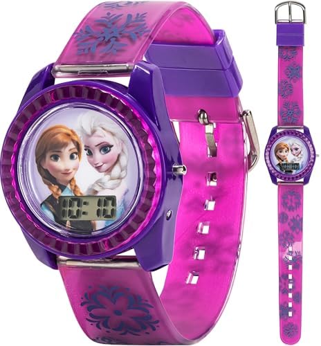 Disney Frozen Kids Digital Watch – Anna & Elsa LCD Timepiece Purple Printed Strap Easy-Read Display Lightweight & Comfortable – Fits Wrists 5.5" to 8"