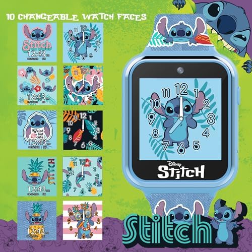 Disney Stitch Kids Smart Watch With 10 Customizable Faces Camera Voice Recorder Calculator And Step Counter – Touchscreen Interactive Watch For Kids – Blue Silicone Strap