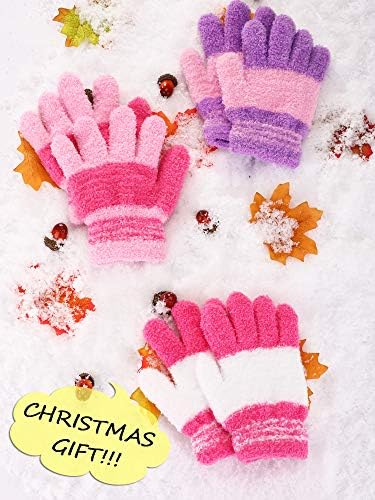 EBOOT 3 Pairs Kids Winter Knit Gloves Stretchy Full Finger Fluffy Mittens For Toddler Boys Girls 1-11 Years