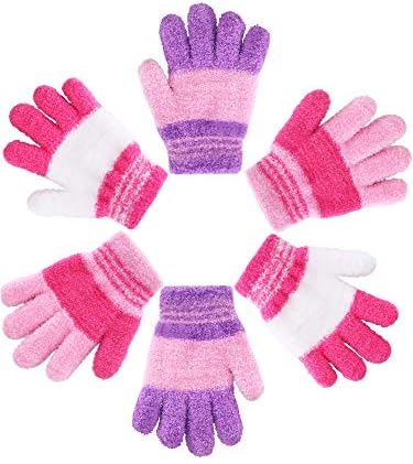 EBOOT 3 Pairs Kids Winter Knit Gloves Stretchy Full Finger Fluffy Mittens For Toddler Boys Girls 1-11 Years