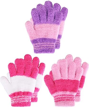 EBOOT 3 Pairs Kids Winter Knit Gloves Stretchy Full Finger Fluffy Mittens for Toddler Boys Girls 1-11 Years