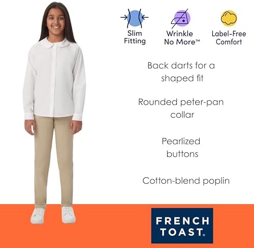 French Toast Girls' Long Sleeve Woven Shirt With Peter Pan Collar (Standard & Plus)