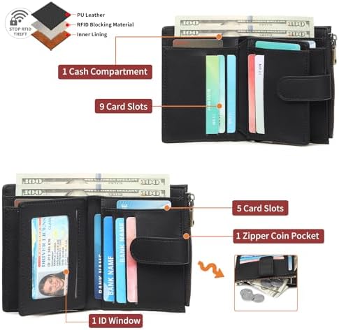 GAEKEAO Small Wallets For Women Leather RFID Blocking Bifold Zipper Pocket Wallet Card Case Purse With ID Window