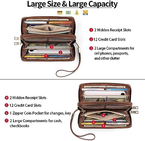 GAEKEAO Wallet For Women Clutch RFID Blocking Wristlet Leather Purse Large Capacity Credit Card Holder With Grip Hand Strap