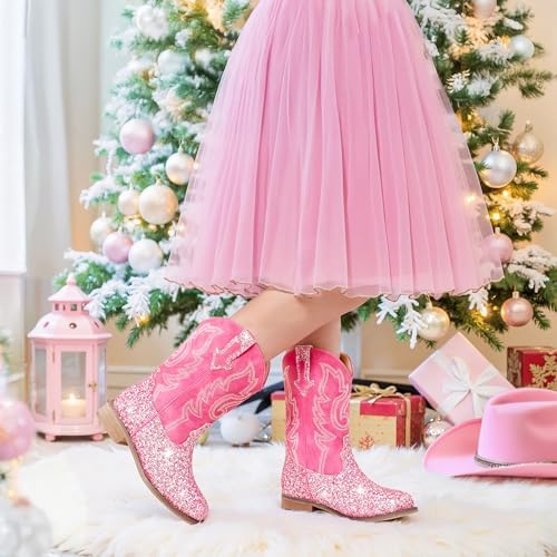 Girls Cowgirl Boots Unisex-Child Mid Calf Glitter Toddler Cowboy Boot Little Big Kids Western Riding Shoes