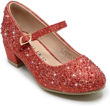 Girls Dress Shoes Mary Jane Shoes for Girls Sparkle Low Heel Hook and Loop Flats for School Wedding Party