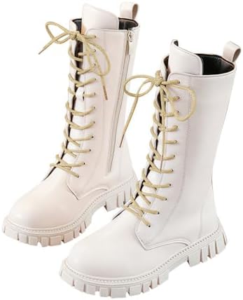 Girls White Lace-Up Combat Boots with Side Zipper Knee-High Lug Sole Dress/School Boots – Toddler/Little/Big Kids