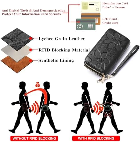 GOIACII 女式钱包大容量双拉链女士卡夹RFID屏蔽腕带皮革