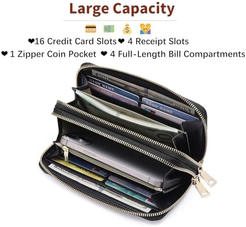 GOIACII Women's Wallet Large Capacity Double Zip Ladies Card Phone Holder RFID Blocking Wristlet Leather