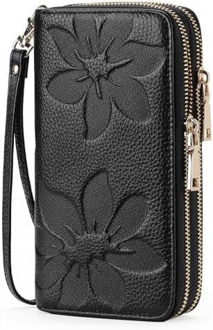 GOIACII Women's Wallet Large Capacity Double Zip Ladies Card Phone Holder RFID Blocking Wristlet Leather