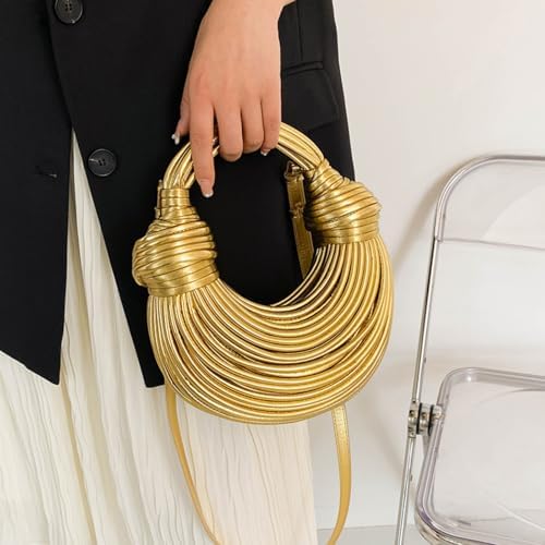 Gold Purse For Women Woven Knotted Bread Crossbody Clutch Top Handle Creative Noodles Bag Underarm Shoulder Handbag