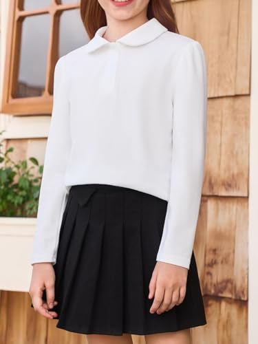 Haloumoning Girls Long Sleeve Polo Shirts Kids Peter Pan Collar School Uniform Shirts Cute Tops 5-14Y