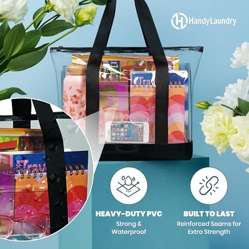 Handy Laundry Clear Tote Bag - Zipper Closure Long Shoulder Strap Fabric Trimming