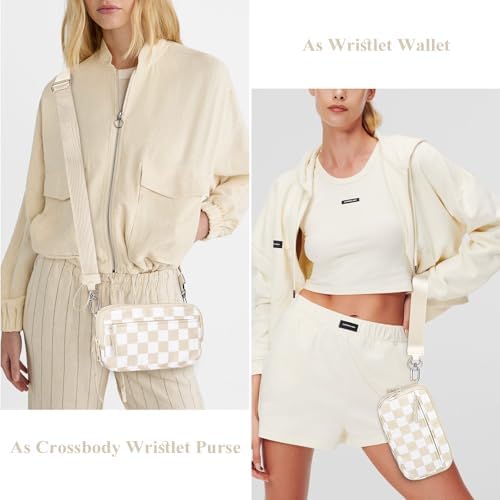 Hibear Checkered Wristlet Wallets For Women With ID Window Small Nylon Crossbody Bum Bag Cute Wristlet Purse With 4 Zippers